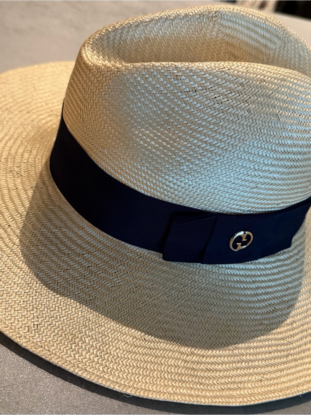 Gucci Straw Panama Hat with Black Ribbon and Gold Logo